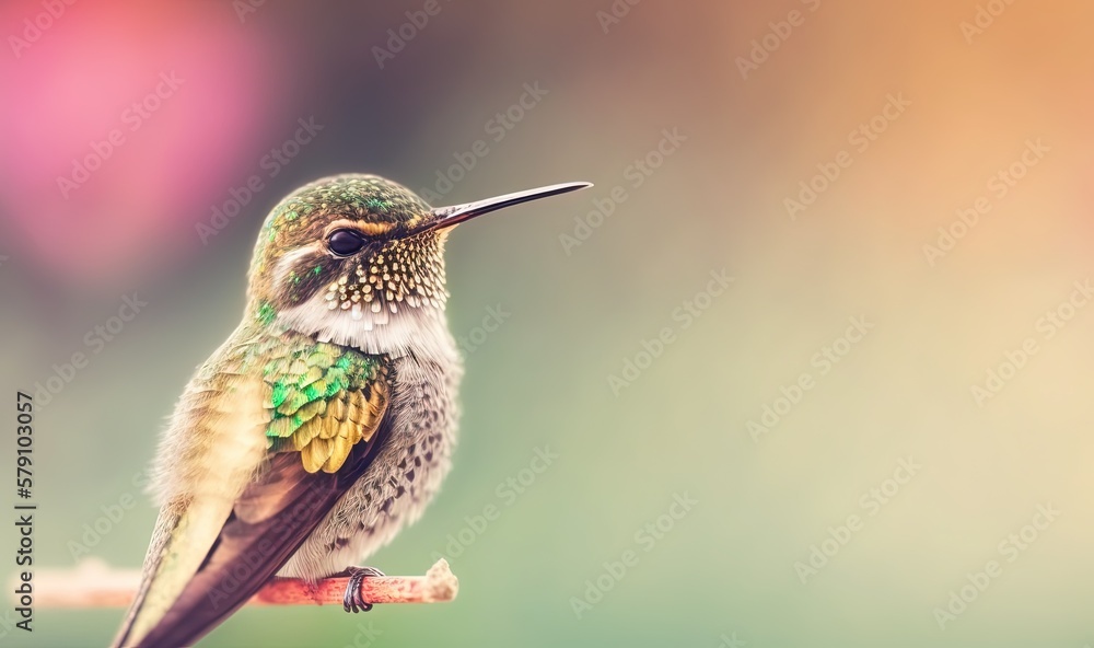 Poster a hummingbird sitting on a branch with a blurry background in the foreground and a blurred backgroun