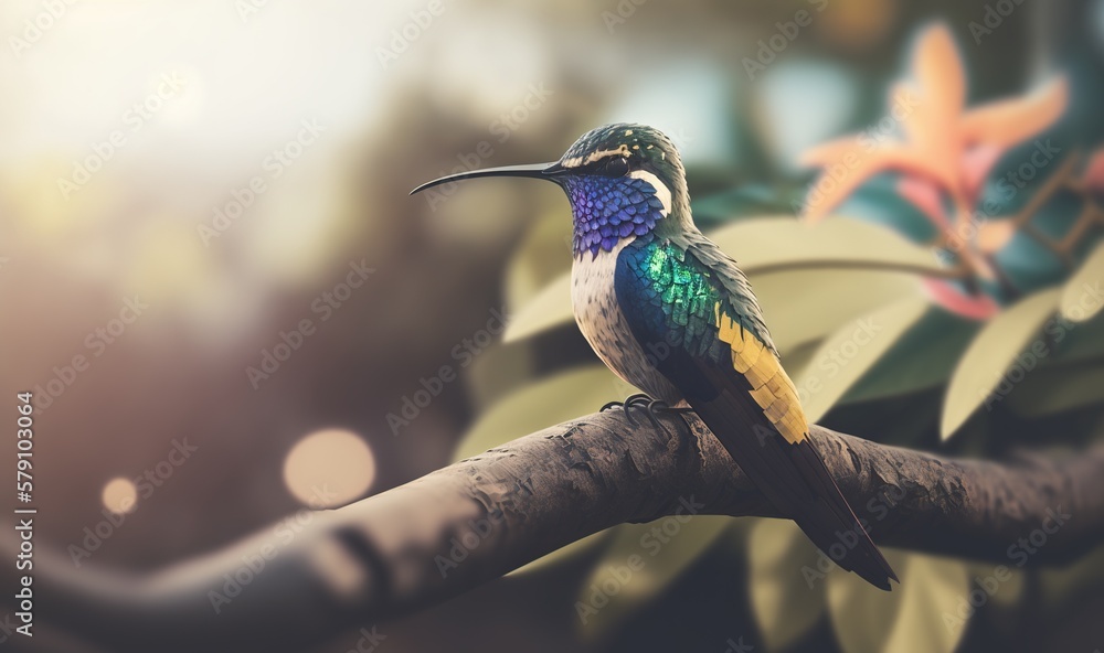 Poster a colorful bird sitting on a branch of a tree in a forest with leaves and flowers in the background 
