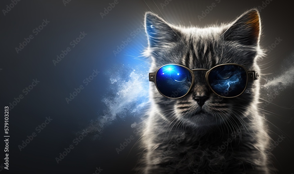 Poster a cat wearing glasses with a sky background and clouds in the background with a star in the middle o