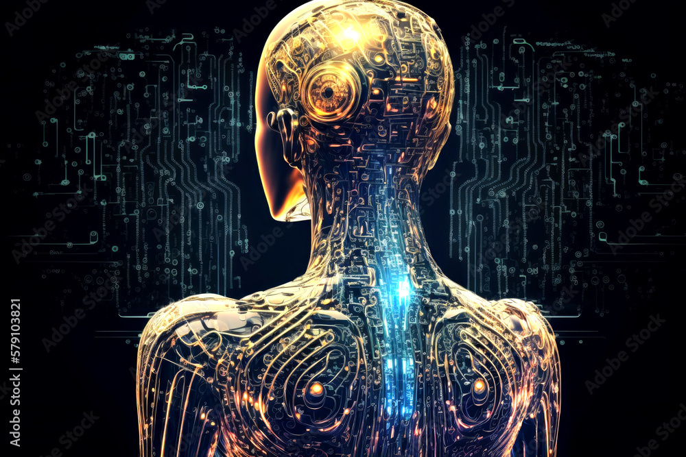Poster abstract digital humanoid cyber face. artificial intelligence concept of big data or cyber security.