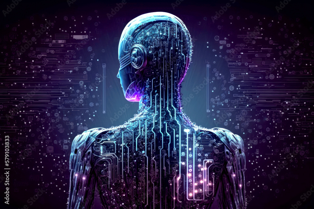 Poster abstract digital humanoid cyber face. artificial intelligence concept of big data or cyber security.