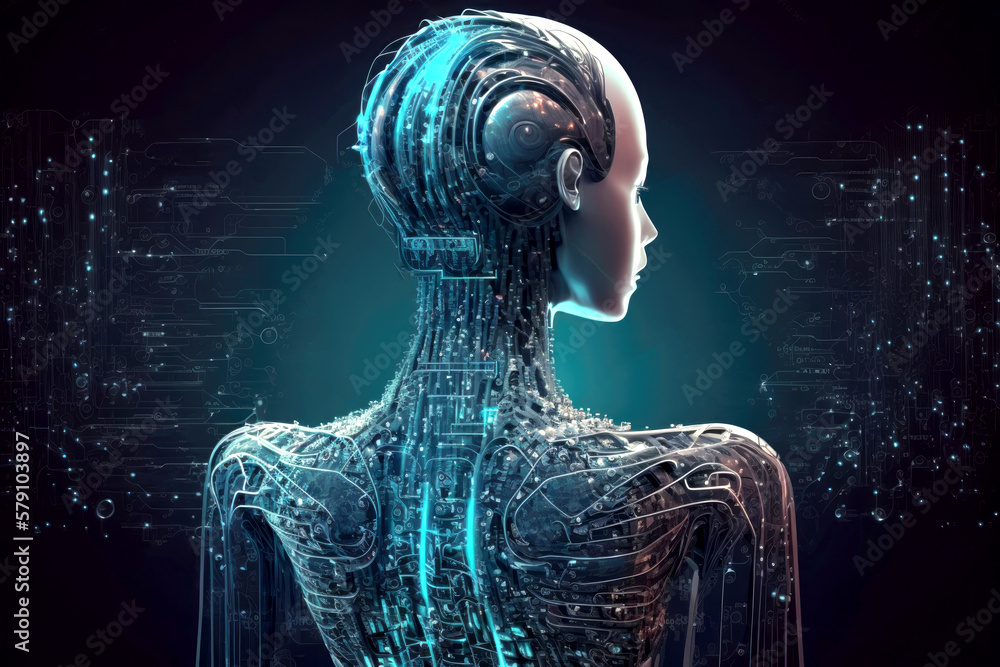 Poster abstract digital humanoid cyber face. artificial intelligence concept of big data or cyber security.