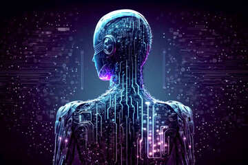 Abstract digital humanoid cyber face. Artificial intelligence concept of big data or cyber security. Chat GPT concept. Generative AI