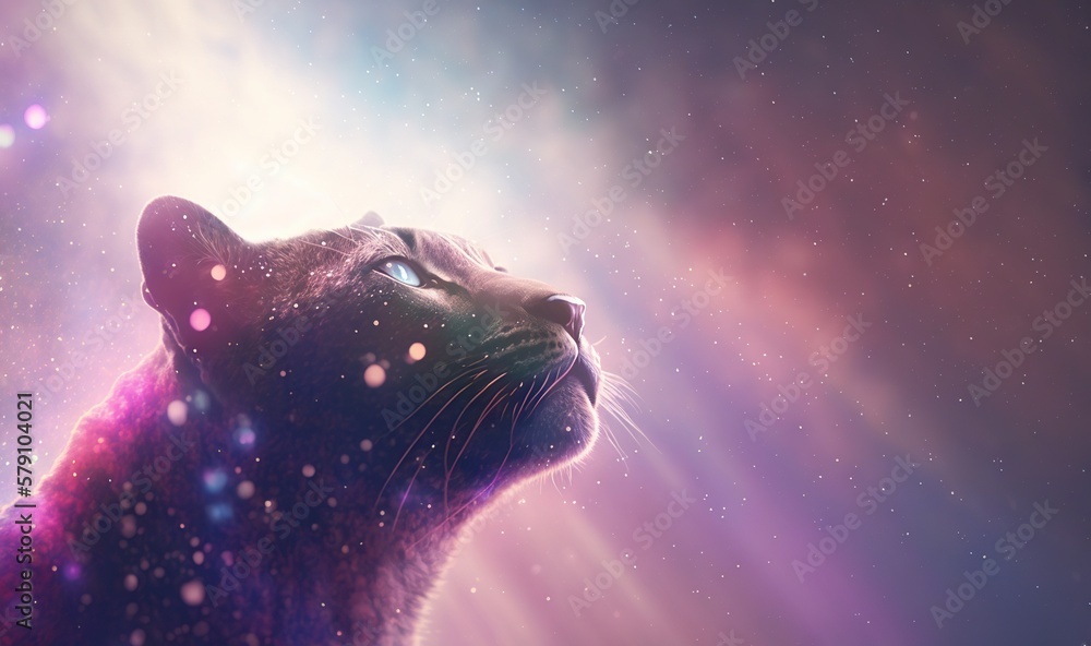 Canvas Prints a cat looking up into the sky with a bright light coming from its eyes and a star filled sky in the 