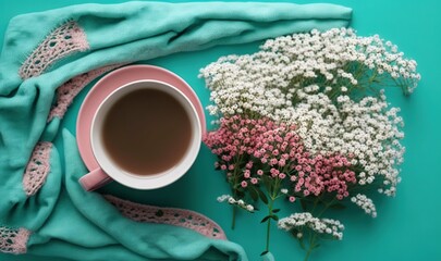  a cup of coffee next to a bouquet of baby's breath flowers on a teal background with a teal cloth and a pink mug.  generative ai