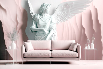 Modern pastel pink sofa with small tables on the sides in front of a pastel pink wall with a huge angel sculpture. Tone on tone. Generative AI