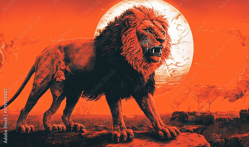 Poster a lion standing on a rock with a full moon in the background and trees in the foreground, with a red