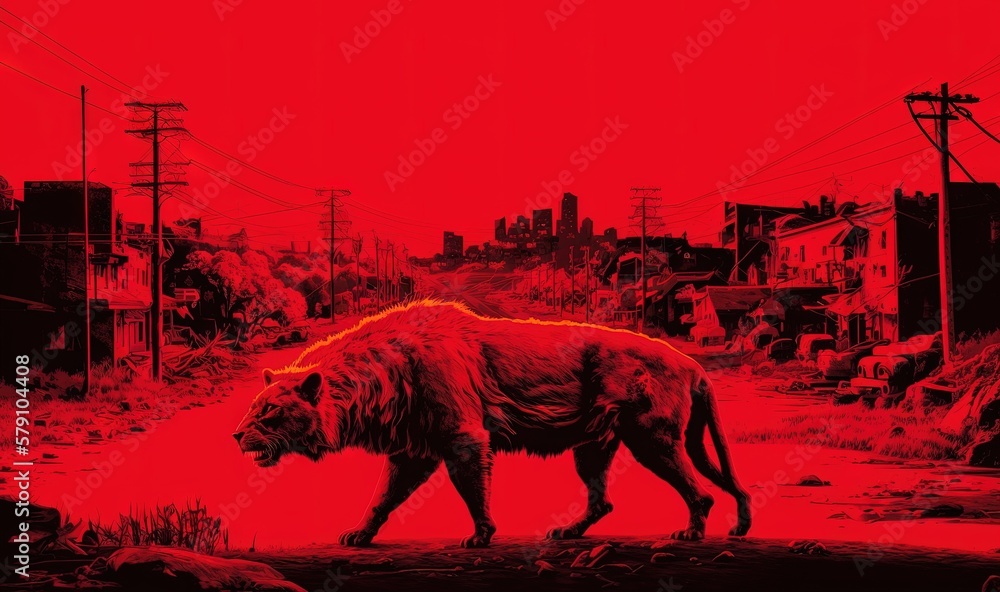 Poster a red picture of a lion walking down a street with power lines in the background and a red sky in th