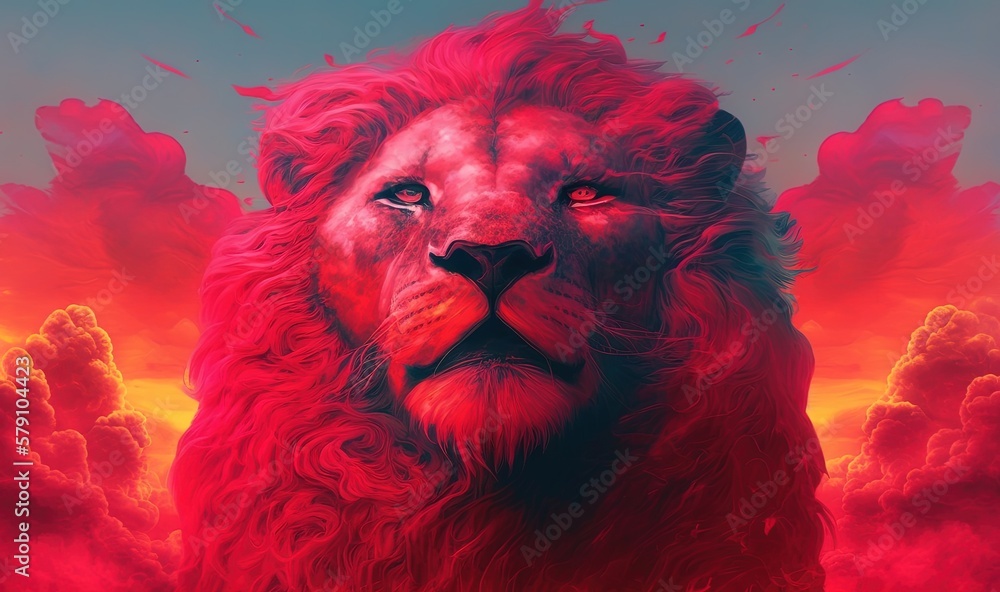 Poster a lion with red hair and a red sky in the background with clouds and birds in the foreground, and a 