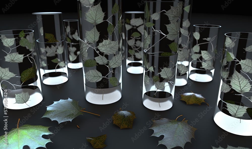 Poster a group of glass vases with leaves inside of them on a black surface with a light shining on the bot