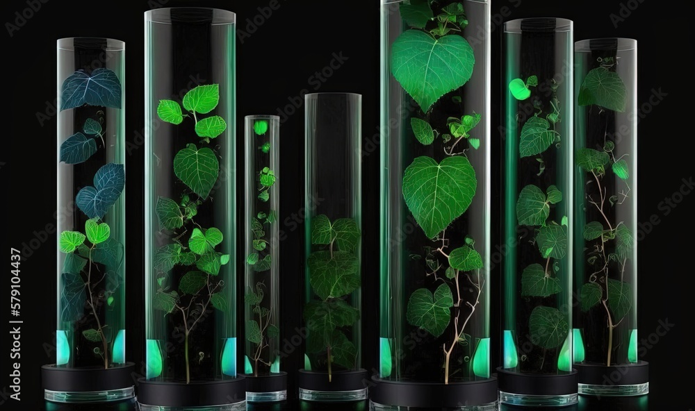 Poster a group of glass vases with plants inside of them on a black background with a black background and 