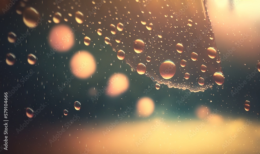 Poster rain drops on a window with a blurry image of a building in the background and a street light in the