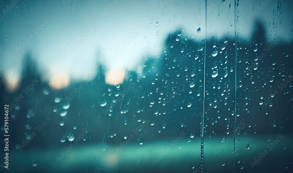 Poster a window with rain drops on it and a city in the background with buildings in the background and a b