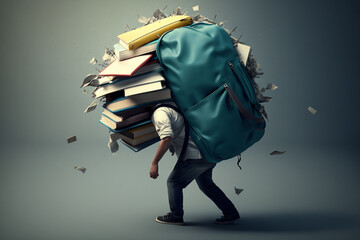 Student carrying heavy backpack with textbooks, created by a neural network, Generative AI technology - obrazy, fototapety, plakaty