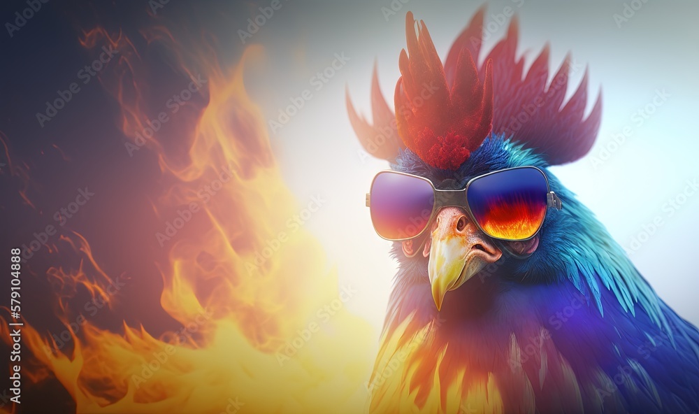 Poster a colorful bird with sunglasses on its head and a flame in the background with a blue sky in the for