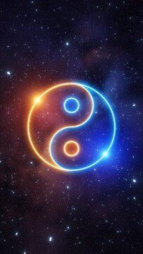 Yin Yang neon light symbol in changing colors from blue and orange to pink rotating on a background of the universe with nebulae and moving stars. Looping video. 3D Rendering
