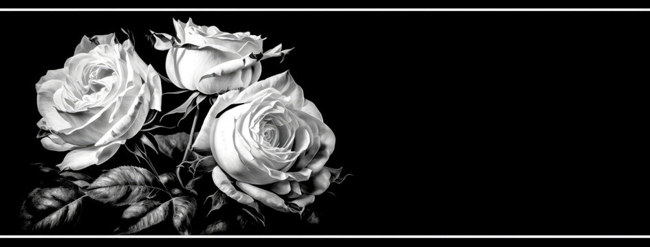 White roses on a dark background. Condolence card. Empty place for emotional, sentimental text or quote. Black and white image AI generated