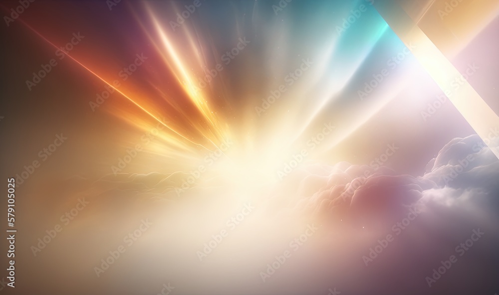 Poster an abstract image of a sky with clouds and a rainbow of light coming out of the clouds and the sun s