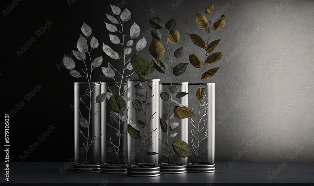 Poster a group of three vases sitting on top of a table next to a wall with leaves in it and a plant in the
