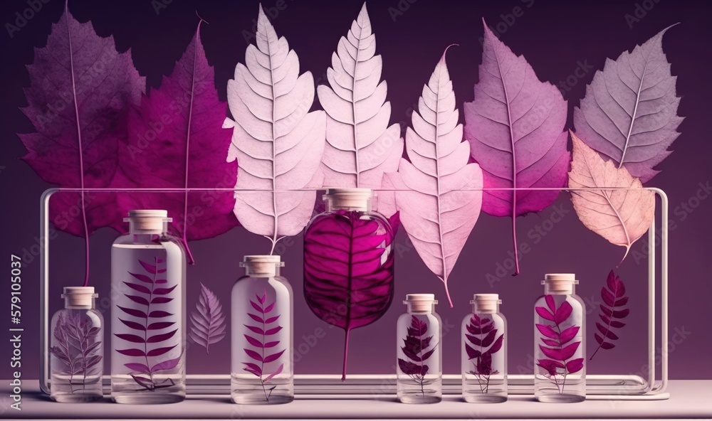 Poster a group of bottles with leaves on them sitting on a shelf next to a purple background with a purple 