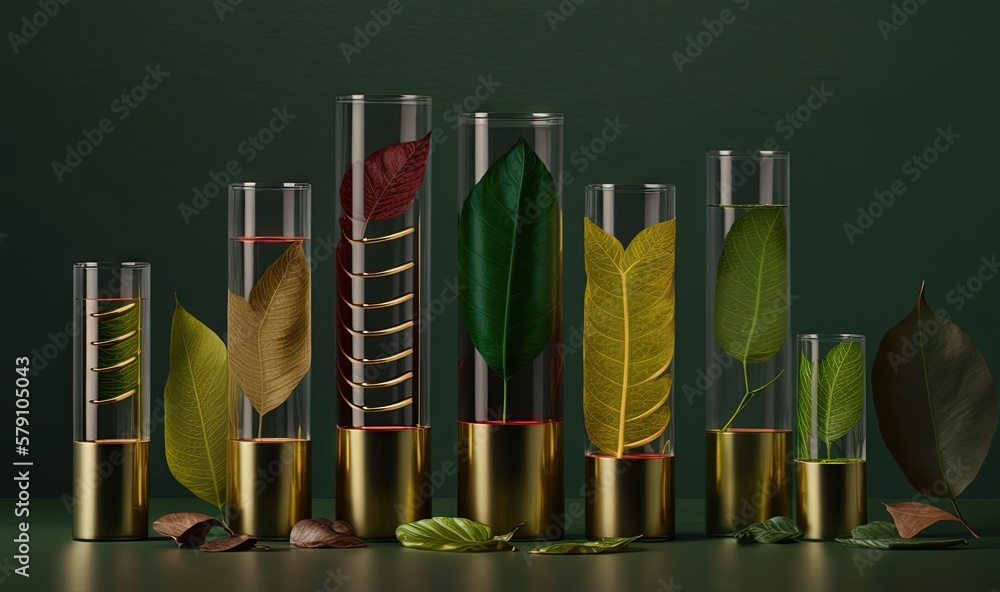 Poster a group of vases with leaves inside of them on a green surface with a green background and a green w