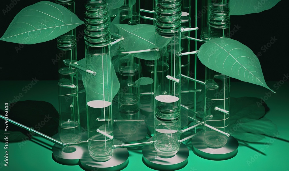 Poster a group of glass bottles with plants inside of them on a table with a green background and a shadow 