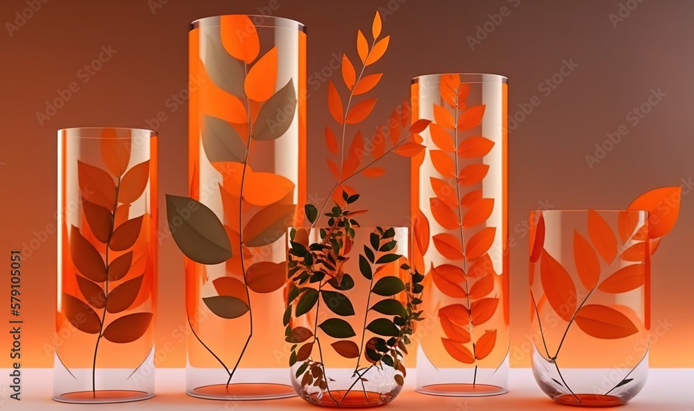 Aufkleber a group of vases with plants inside of them on a counter top with a red background behind them and a