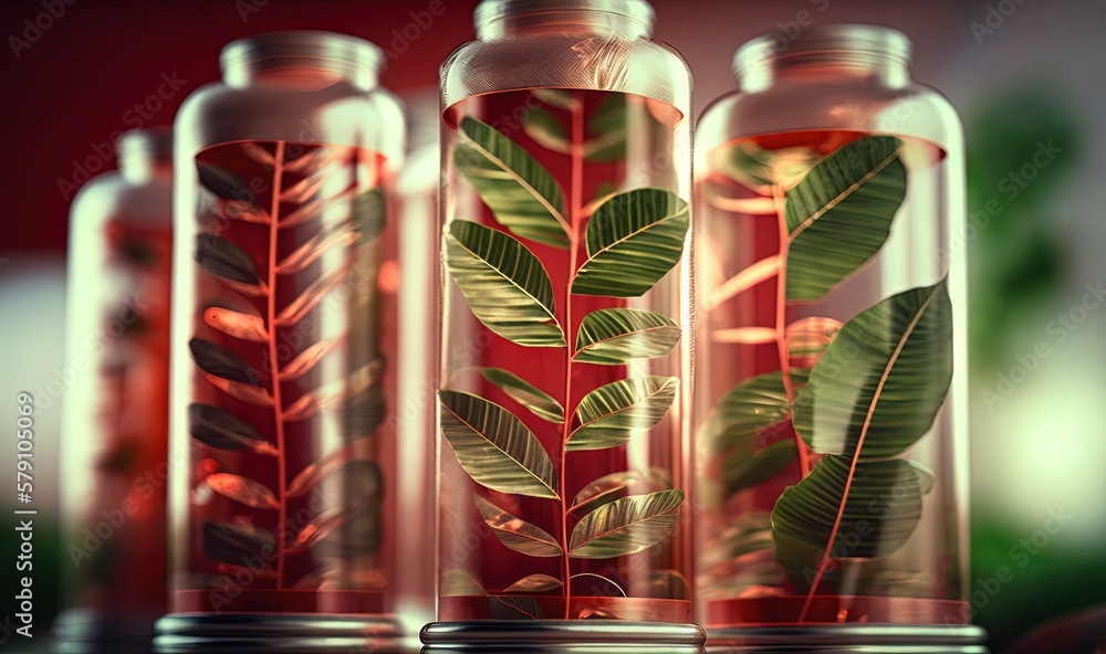 Poster a group of three glass bottles with leaves inside of them and a red background with a green plant in