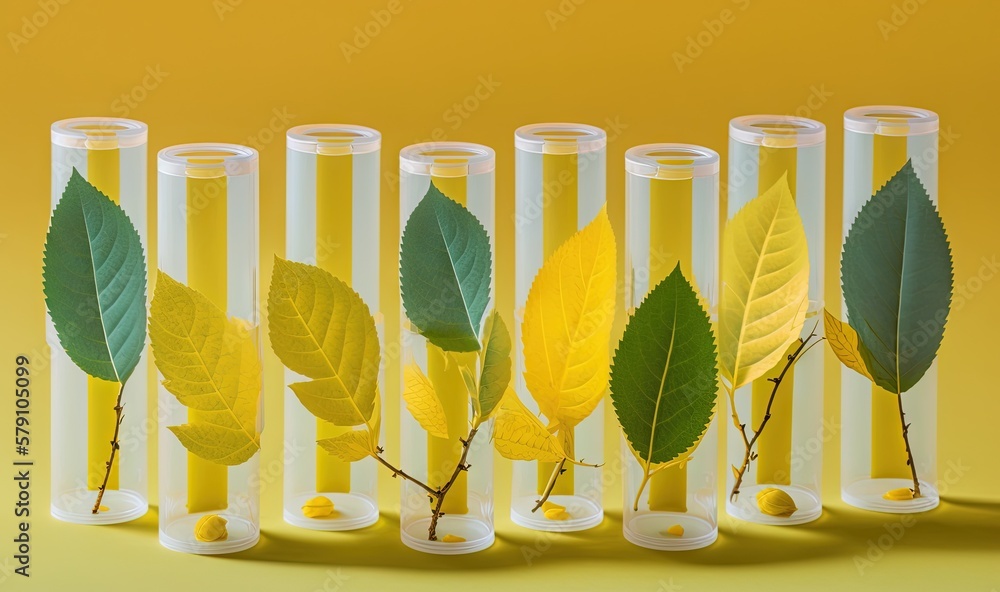 Poster a row of test tubes filled with leaves on top of a yellow background with a yellow background behind
