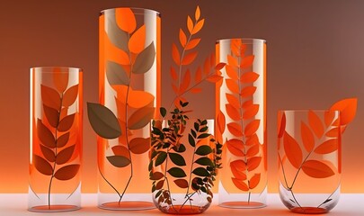  a group of vases with plants inside of them on a counter top with a red background behind them and a brown background behind them.  generative ai