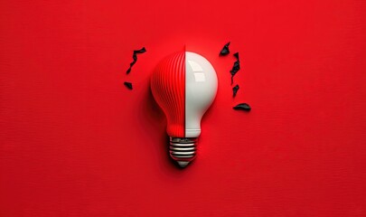  a red and white light bulb on a red surface with broken pieces of black paper around the light bulb and the light bulb has been turned red.  generative ai