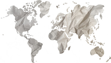 World map paper texture cut out on transparent background.
