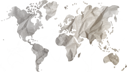 World map paper texture cut out on transparent background.