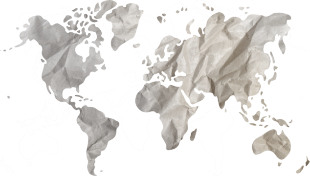 World map paper texture cut out on transparent background.