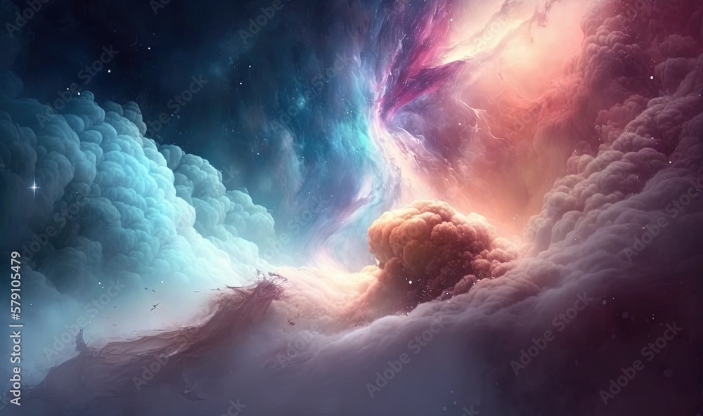 Poster an abstract painting of clouds and stars in the sky with a bright orange and blue cloud in the cente