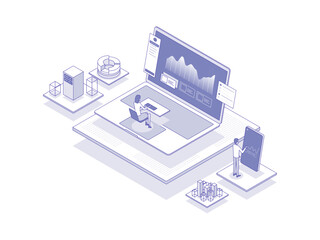 Product analytics Isometric Illustration Lineal Color. Suitable for Mobile App, Website, Banner, Diagrams, Presentation, and Other Graphic Assets.