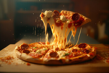 Pizza and Splashes of cheese and red pepper. Italian pizza, Juicy cheese stretches from a slice. pieces of pizza scatter to the sides.  pizza explosion, Soft focus. Ai Generated illustration.
