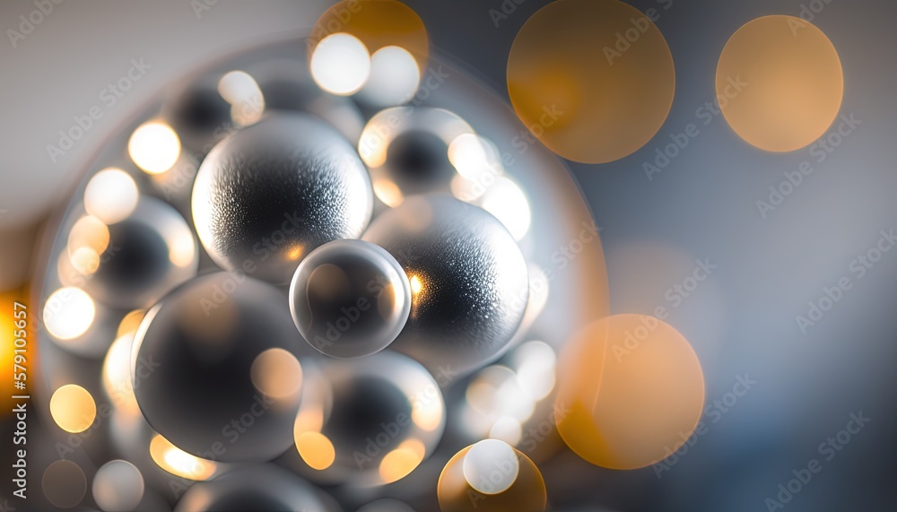 Poster  a close up of a bunch of balls with lights in the background and a blurry image of the balls in the foreground, with a blurry background.  generative ai