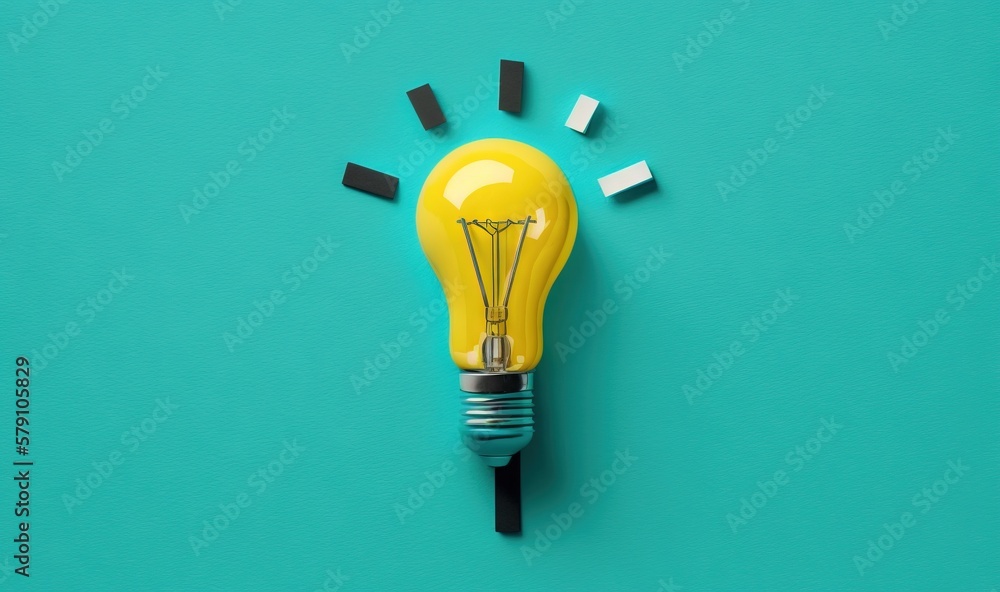 Poster a yellow light bulb on a blue background with black and white squares around it and a string of blac