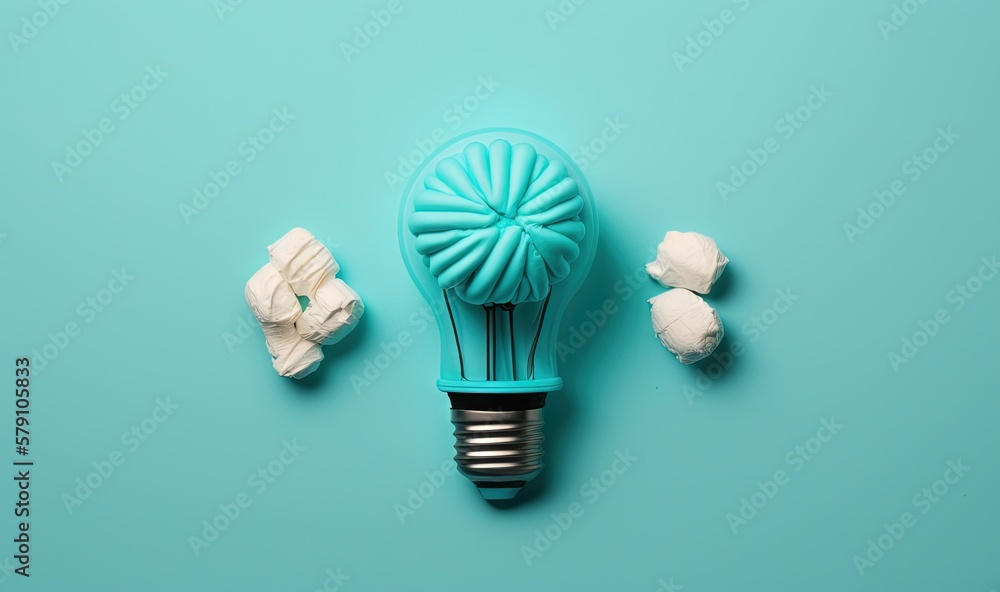 Poster a blue light bulb with marshmallows on a blue background with a smaller light bulb in the middle of 