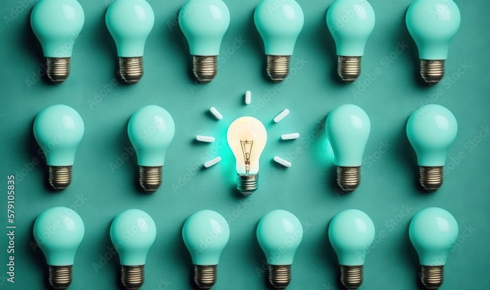 Poster a group of light bulbs arranged in a pattern on a green surface with a light bulb in the middle of t