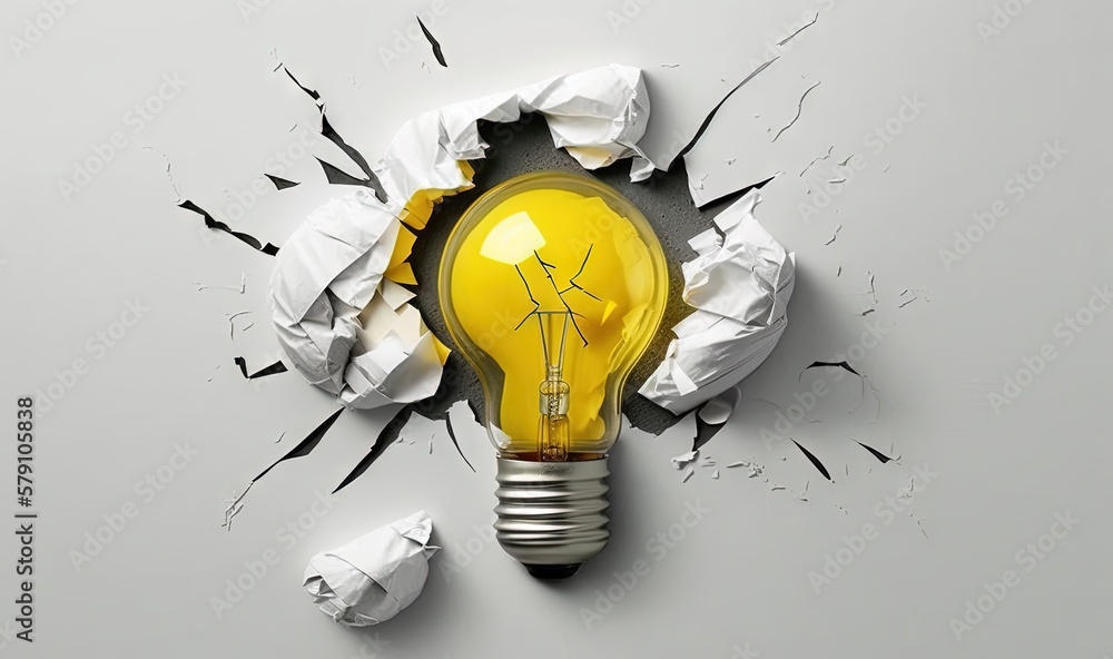 Poster a light bulb is breaking through a wall with a hole in the middle of the light bulb is a light bulb 