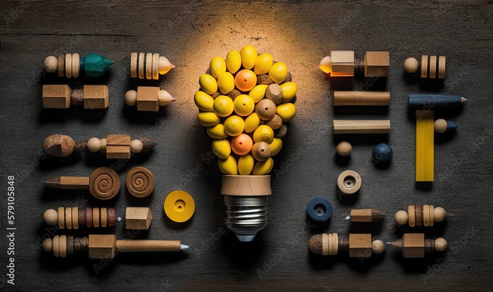 Aufkleber a light bulb made out of wooden toys and a string of string and pegs on a dark surface with a yellow