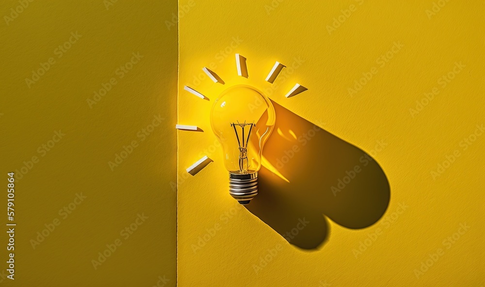 Poster a yellow light bulb on a yellow wall with a shadow of a light bulb on the side of the light bulb and