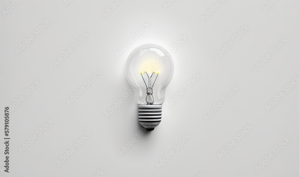 Poster a light bulb with a small light inside of it on a white surface with a shadow of a person on the lig