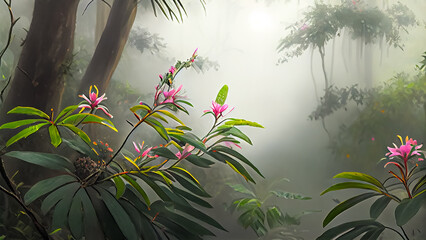 Illustration of scenic tropical forest landscape with wildflowers in the meadow. AI-generated image
