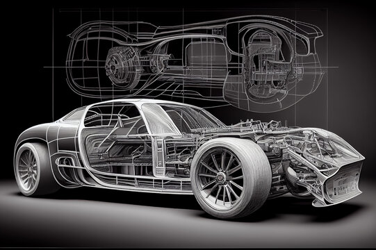 Illustration of automotive concept development drawing, AI-generated image.