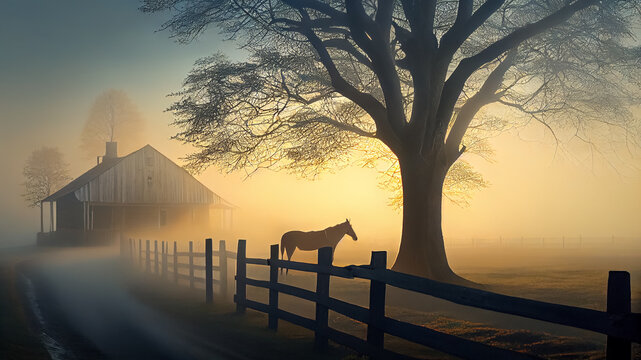 Illustration of scenic farm landscape caught in morning mist, Humanly enhanced AI Generated image.