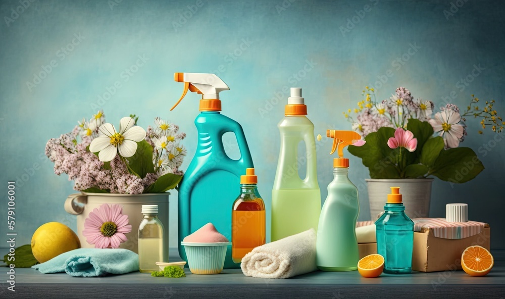 Poster a table topped with bottles of cleaner and a vase filled with flowers and other things next to it on