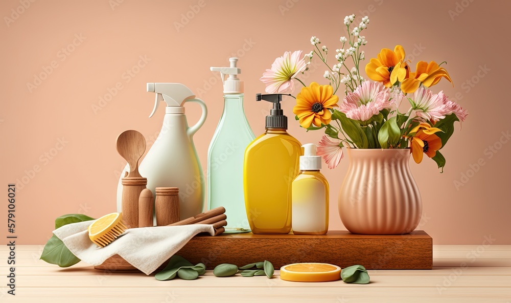 Poster a wooden table topped with bottles and a vase filled with different types of cleaning products and f